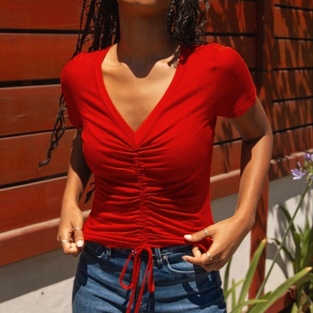 Hippie Chic Drawstring V-neck top, Sz S